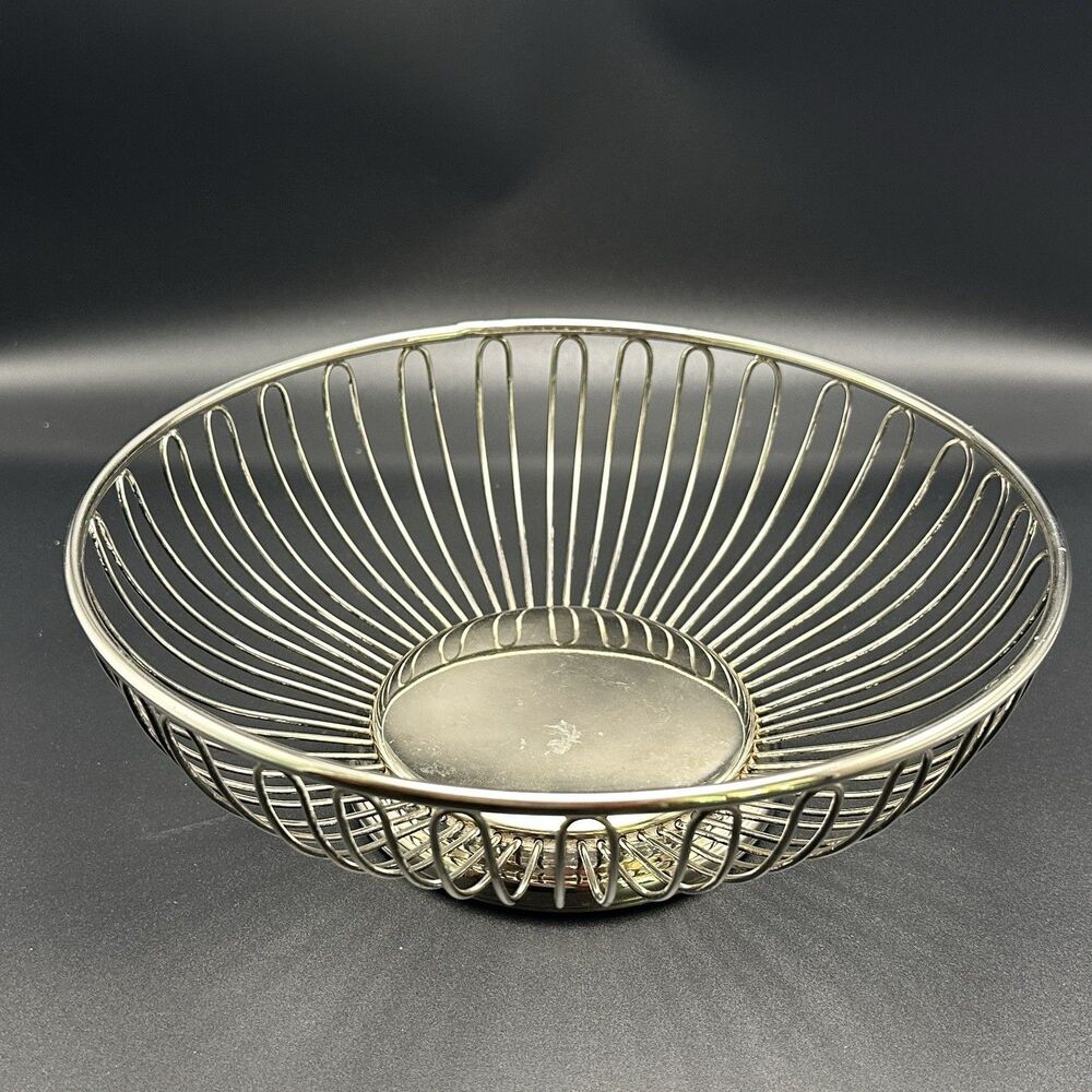Vintage Silver Wire Fruit Basket Bowl Metal Bread Basket Mid Century Modern
